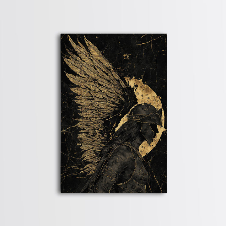 Winged Warrior Gold Canvas Print, Angelic Guardian Art On Canvas, Real Wood Frame Decor, Mythology Spiritual Wall Artwork