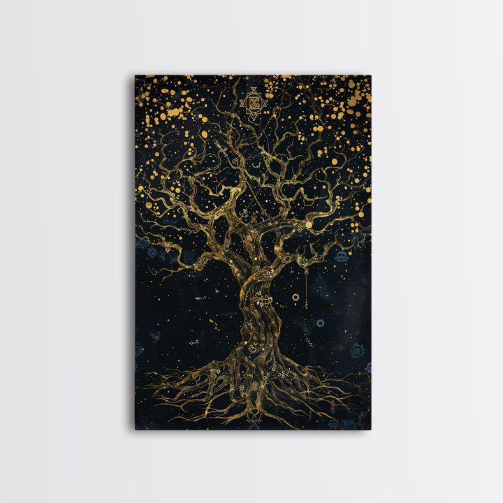 Mystical Tree Of Life Gold Canvas Art, Celestial Symbolic Nature Canvas Print, Real Wood Frame Wall Décor, Sacred Mythology Fantasy Artwork