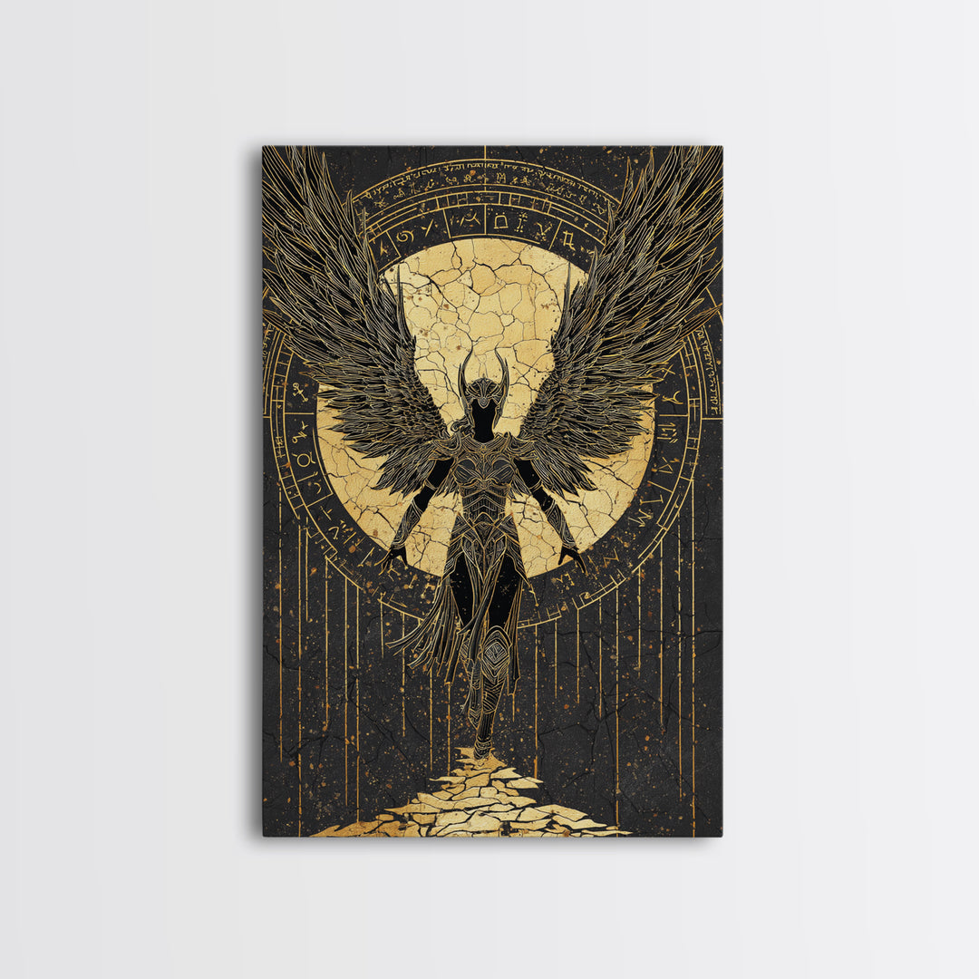 Celestial Angel Gold Canvas Art, Majestic Winged Warrior Canvas Print, Real Wood Frame Wall Décor, Divine Fantasy Statement Artwork