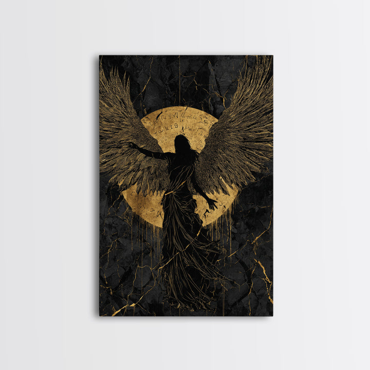 Heavenly Guardian Gold Canvas Print, Radiant Angel Art On Canvas, Real Wood Frame Wall Décor, Celestial Spiritual Artwork