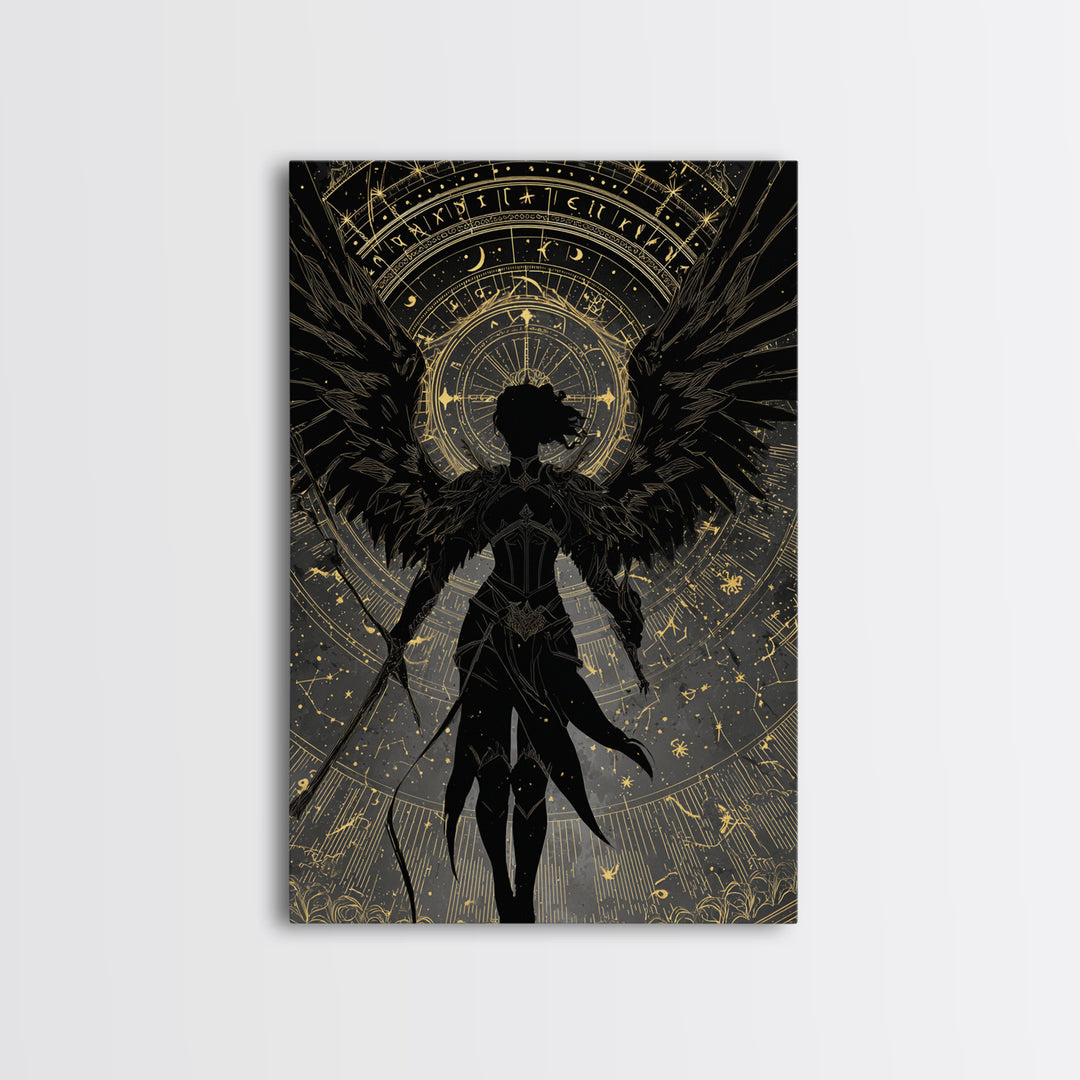 Celestial Archer Gold Canvas Art, Angel With Wings Canvas Print, Real Wood Frame Wall Décor, Divine Warrior Fantasy Artwork