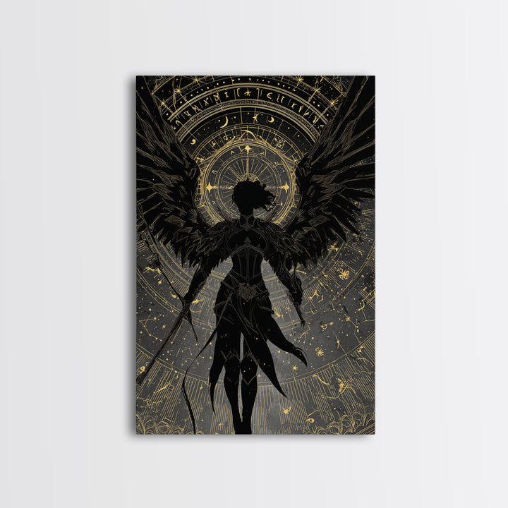 Celestial Archer Gold Canvas Art, Angel With Wings Canvas Print, Real Wood Frame Wall Décor, Divine Warrior Fantasy Artwork