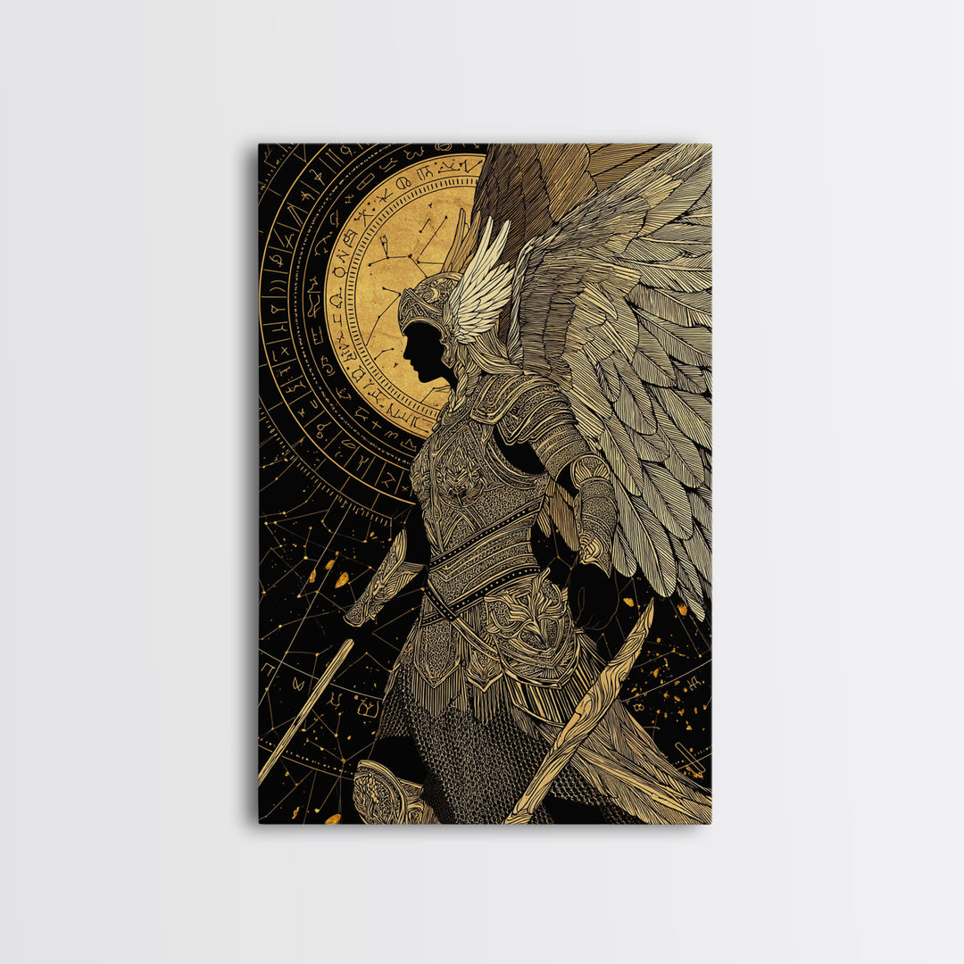 Divine Protector Gold Canvas Print, Angelic Warrior Art On Canvas, Real Wood Frame Wall Décor, Celestial Mythology Artwork