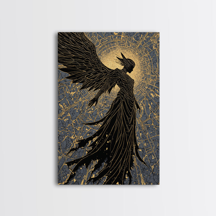 Radiant Angel Gold Canvas Art, Celestial Winged Guardian Canvas Print, Real Wood Frame Wall Décor, Mythology Fantasy Artwork