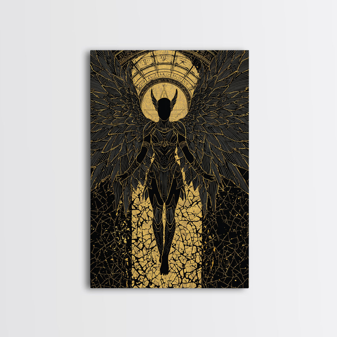 Ascendant Angel Gold Canvas Print, Winged Warrior Art On Canvas, Real Wood Frame Wall Décor, Celestial Divine Statement Artwork