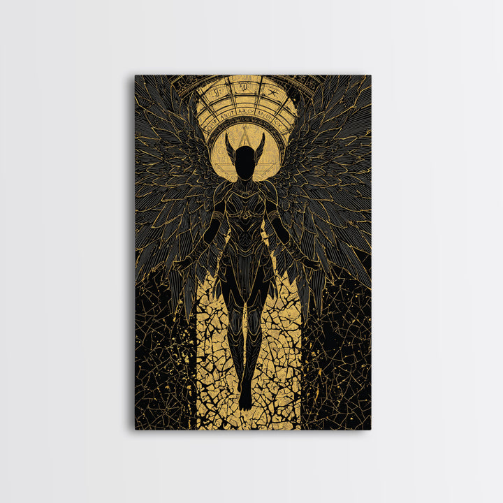 Ascendant Angel Gold Canvas Print, Winged Warrior Art On Canvas, Real Wood Frame Wall Décor, Celestial Divine Statement Artwork