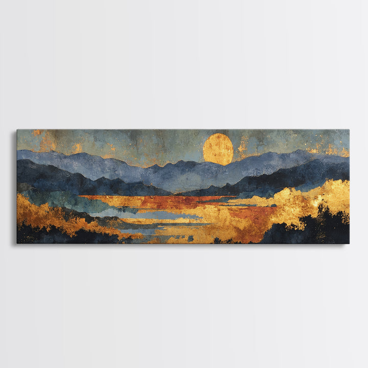 Sunset Over Mountains Gold Canvas Print, Abstract Mountain Landscape Wall Art, Modern Nature Artwork With Real Wood Frame