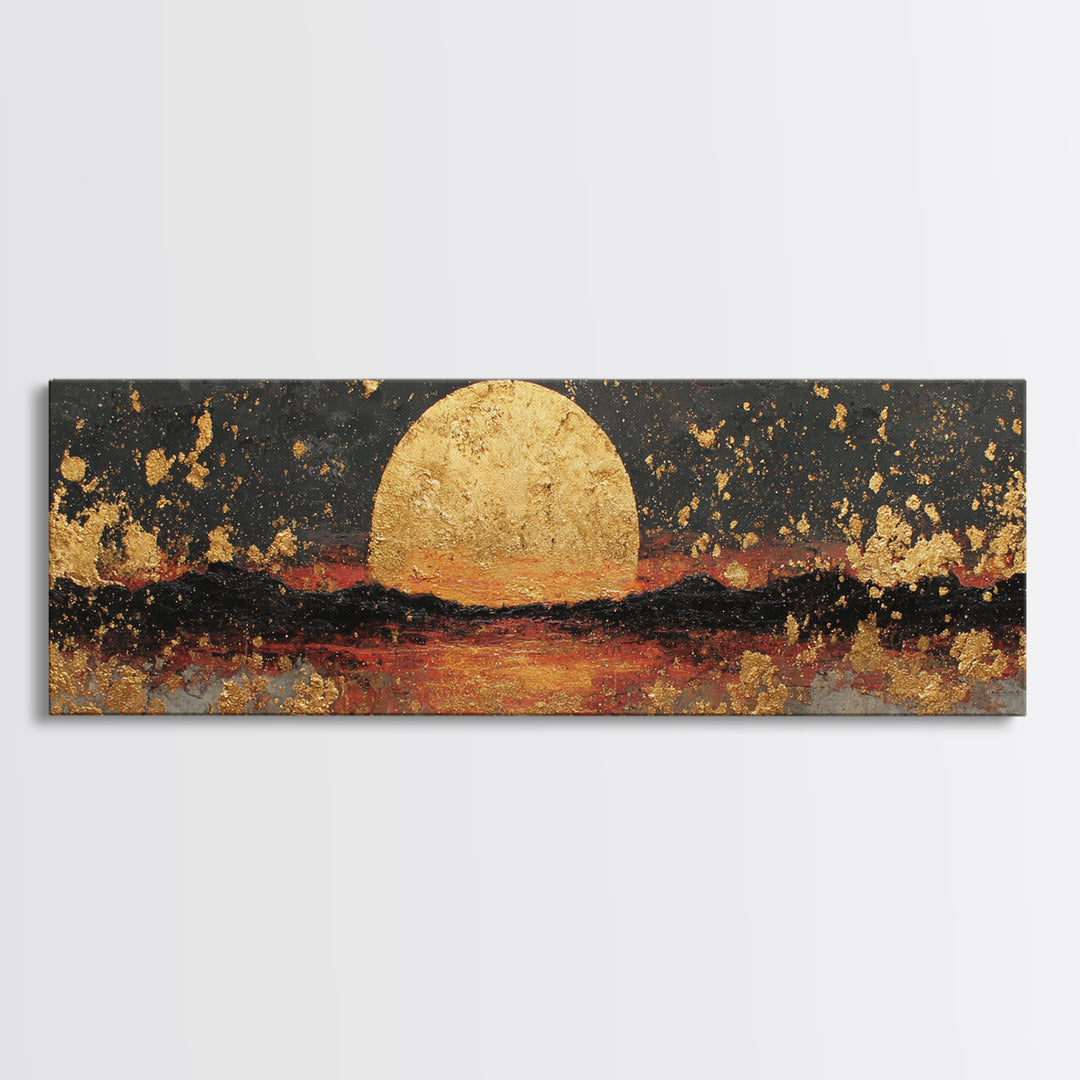 Golden Horizon Gold Canvas Print, Textured Sunset Wall Art, Abstract Sun Over Water Artwork With Real Wood Frame