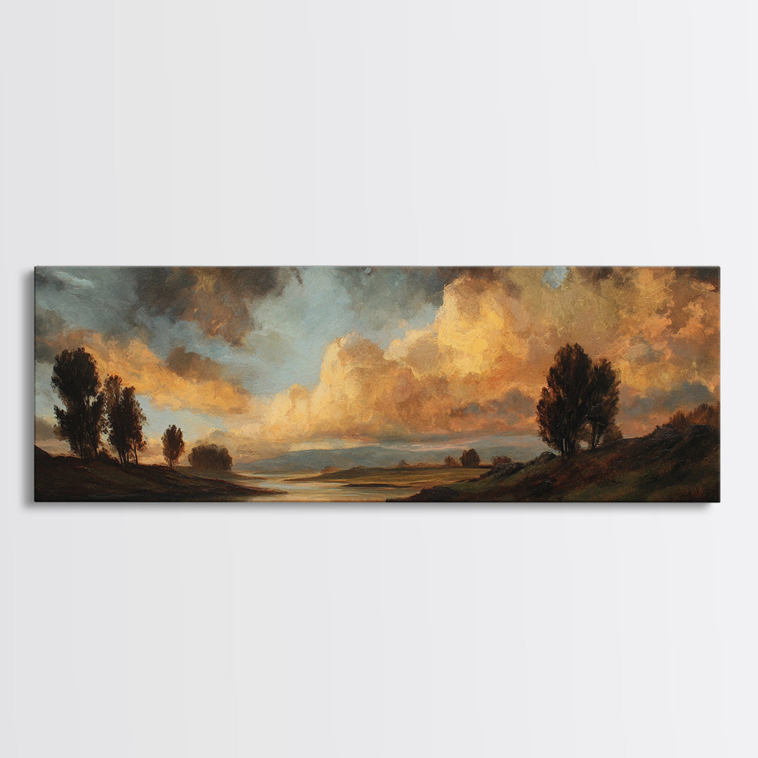 Dramatic Sky Gold Canvas Print, Cloudy Sunset River Landscape Wall Art, Atmospheric Nature Artwork With Real Wood Frame