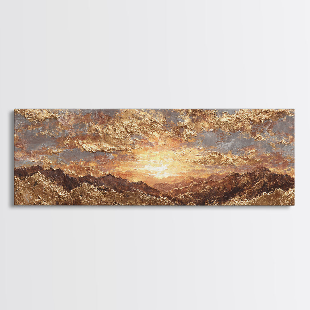 Sunlit Peaks Gold Canvas Print, Golden Mountain Sunrise Wall Art, Abstract Nature Landscape Artwork With Real Wood Frame