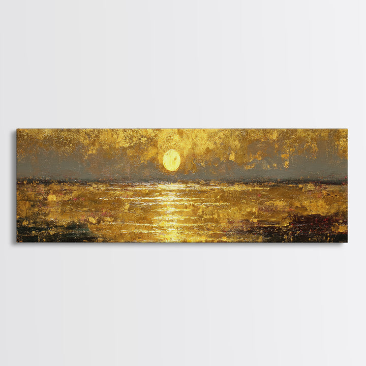 Radiant Reflection Gold Canvas Print, Golden Sun Over Water Wall Art, Shimmering Seascape Artwork With Real Wood Frame