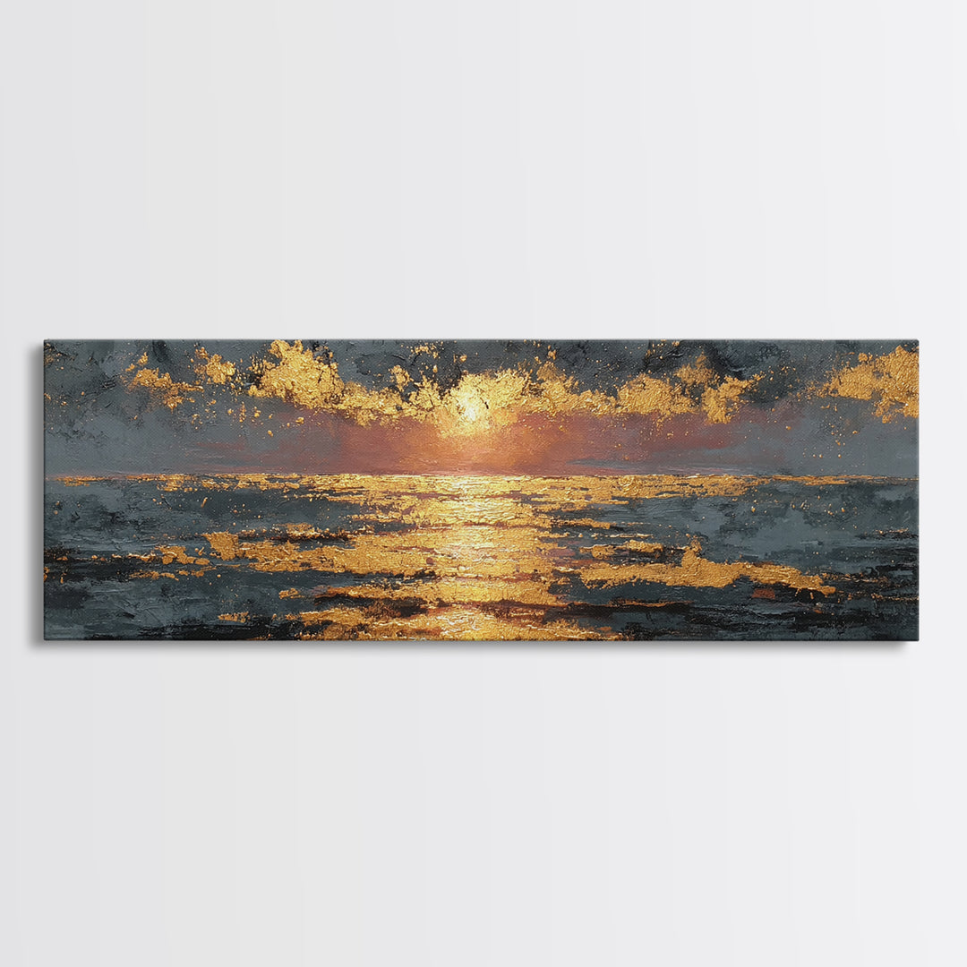 Ocean Sunset Gold Canvas Print, Glowing Sun Over Waves Wall Art, Modern Coastal Seascape Artwork With Real Wood Frame