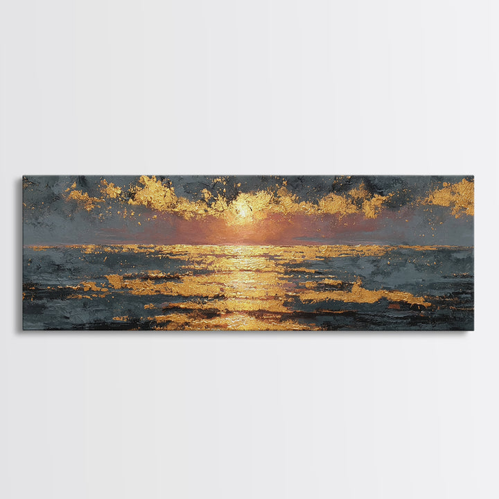 Ocean Sunset Gold Canvas Print, Glowing Sun Over Waves Wall Art, Modern Coastal Seascape Artwork With Real Wood Frame