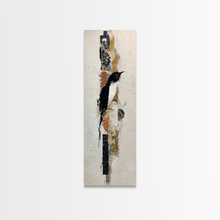 Small Black Bird Crossing White Space Framed Canvas Print, Minimalist Art, Boho Decor, Living Room Decor, Oil Painting, Minimal, MIN-1x3-91