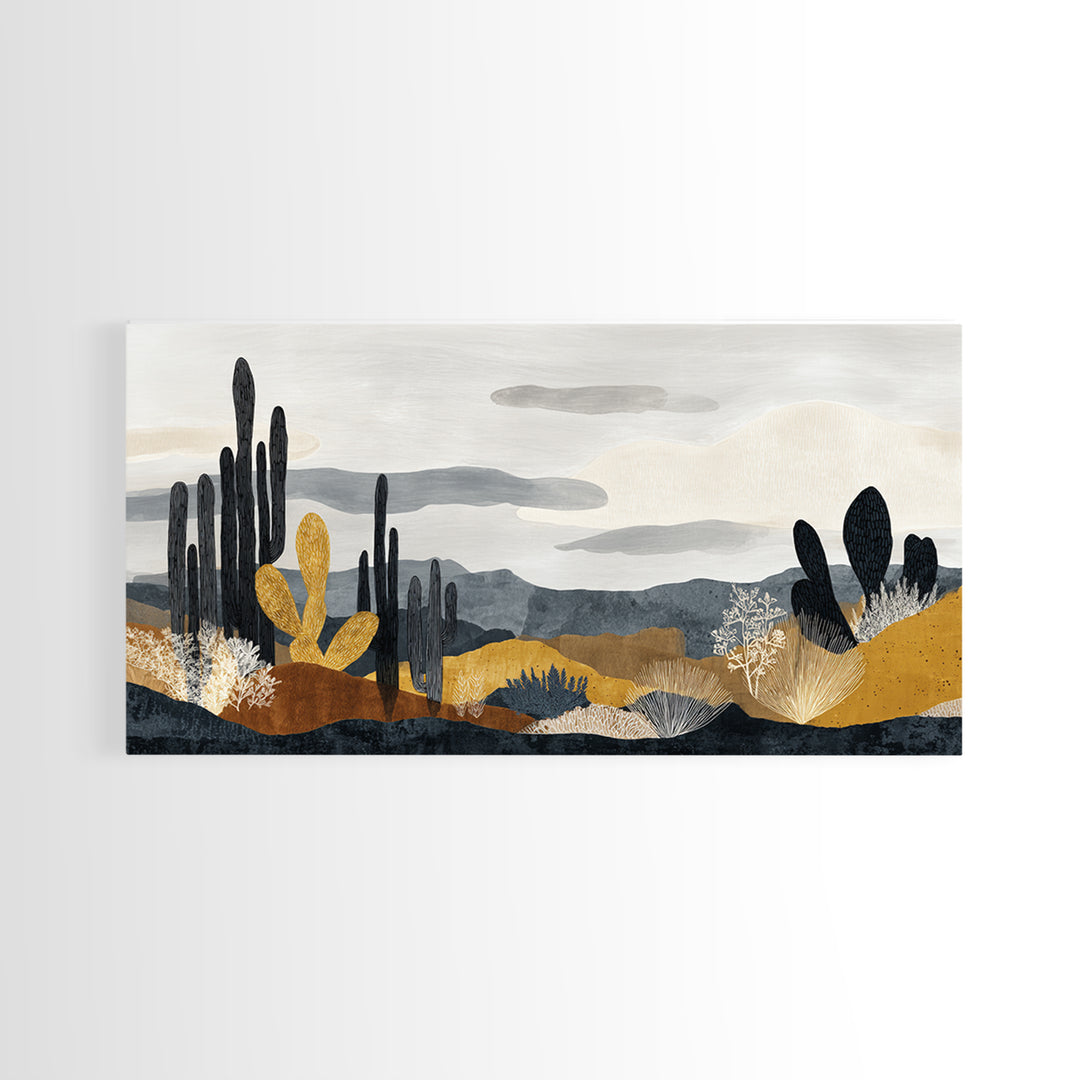 Black and White Cactus Silhouette Framed Canvas Print, Minimalist Art, Fine Art Print, Living Room Decor, Fine Art, Minimal, MIN-2x1-16