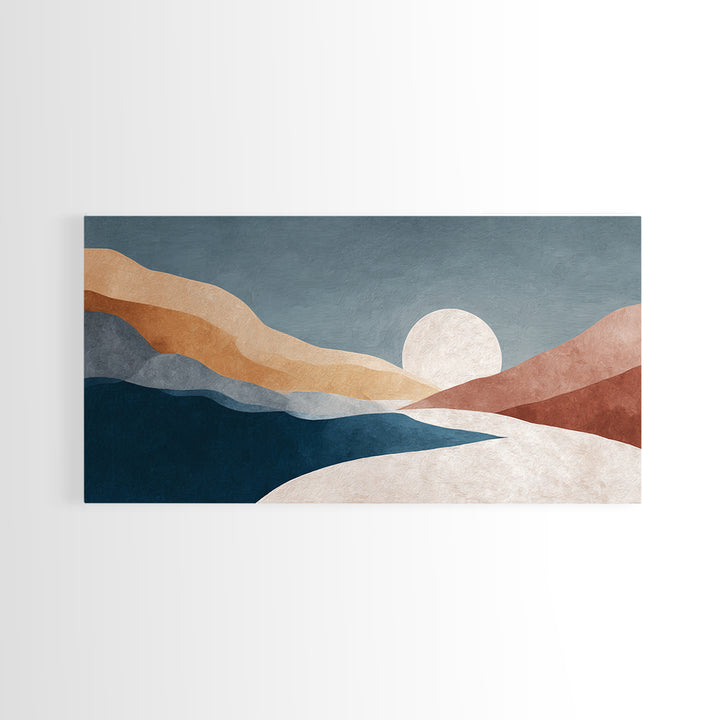 Minimal Moon over a Pale Ocean Framed Canvas Print, Minimalist Art, Printable Wall Art, Living Room Decor, Fine Art, Minimal, MIN-2x1-29