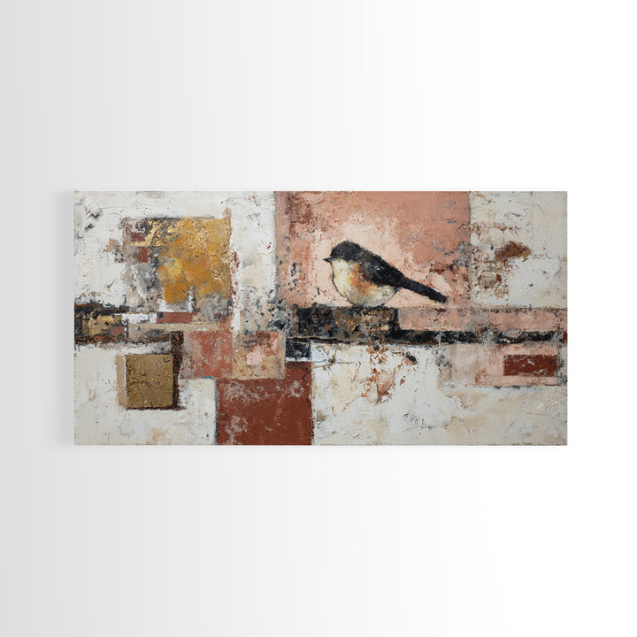 Small Black Bird Crossing White Space Framed Canvas Print, Minimalist Art, Large Wall Art, Living Room Decor, Fine Art, Minimal, MIN-2x1-3