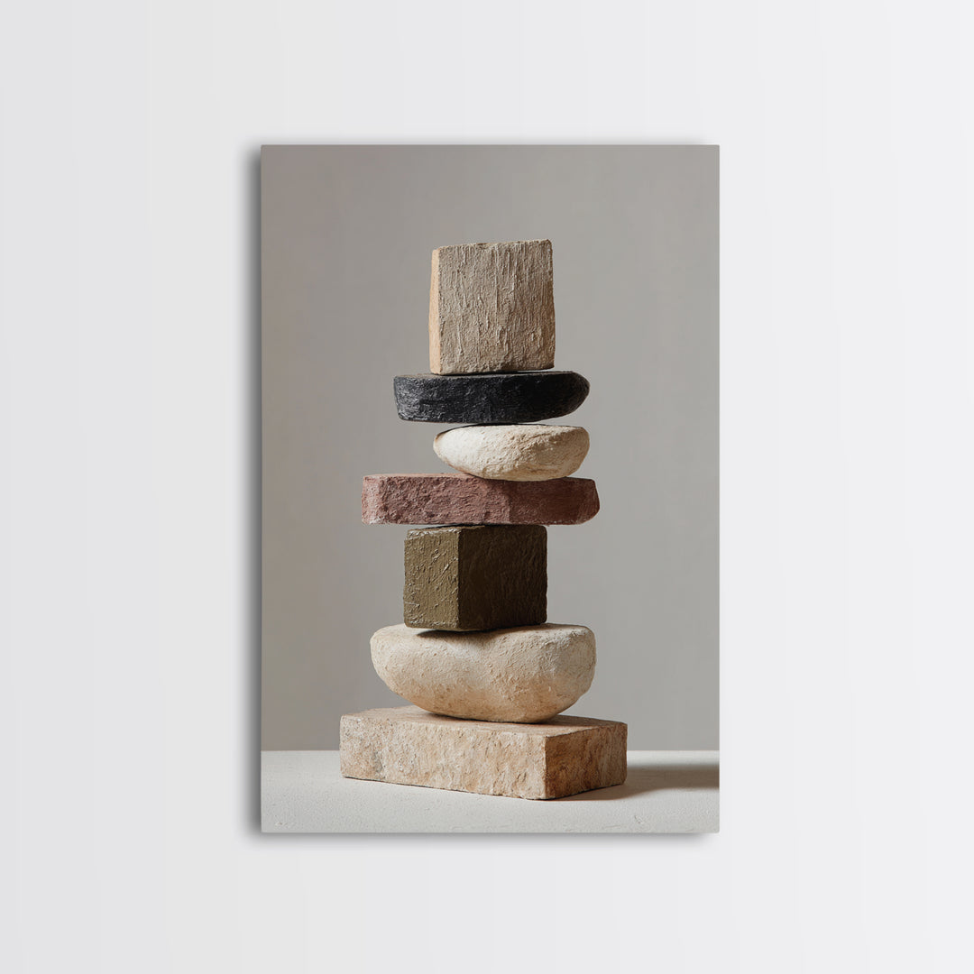 Quiet Stone Stack Framed Canvas Print, Minimalist Art, Digital Wall Art, Living Room Decor, Abstract Art, Minimal, MIN-2x3-43