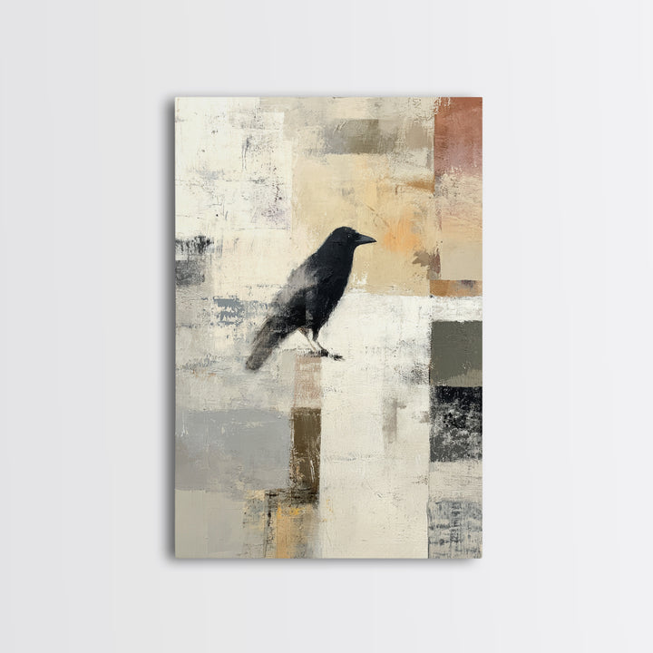 Small Black Bird Crossing White Space Framed Canvas Print, Minimalist Art, Abstract Painting, Living Room Decor, Minimal, MIN-2x3-87