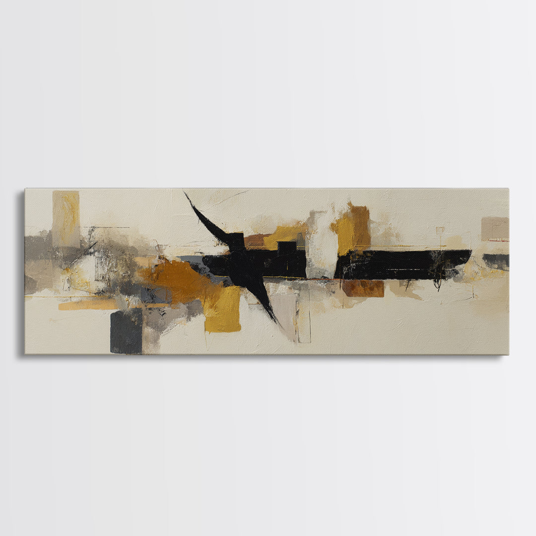 Small Black Bird Crossing White Space Framed Canvas Print, Minimalist Art, Art Prints, Living Room Decor, Oil Painting, Minimal, MIN-3x1-47