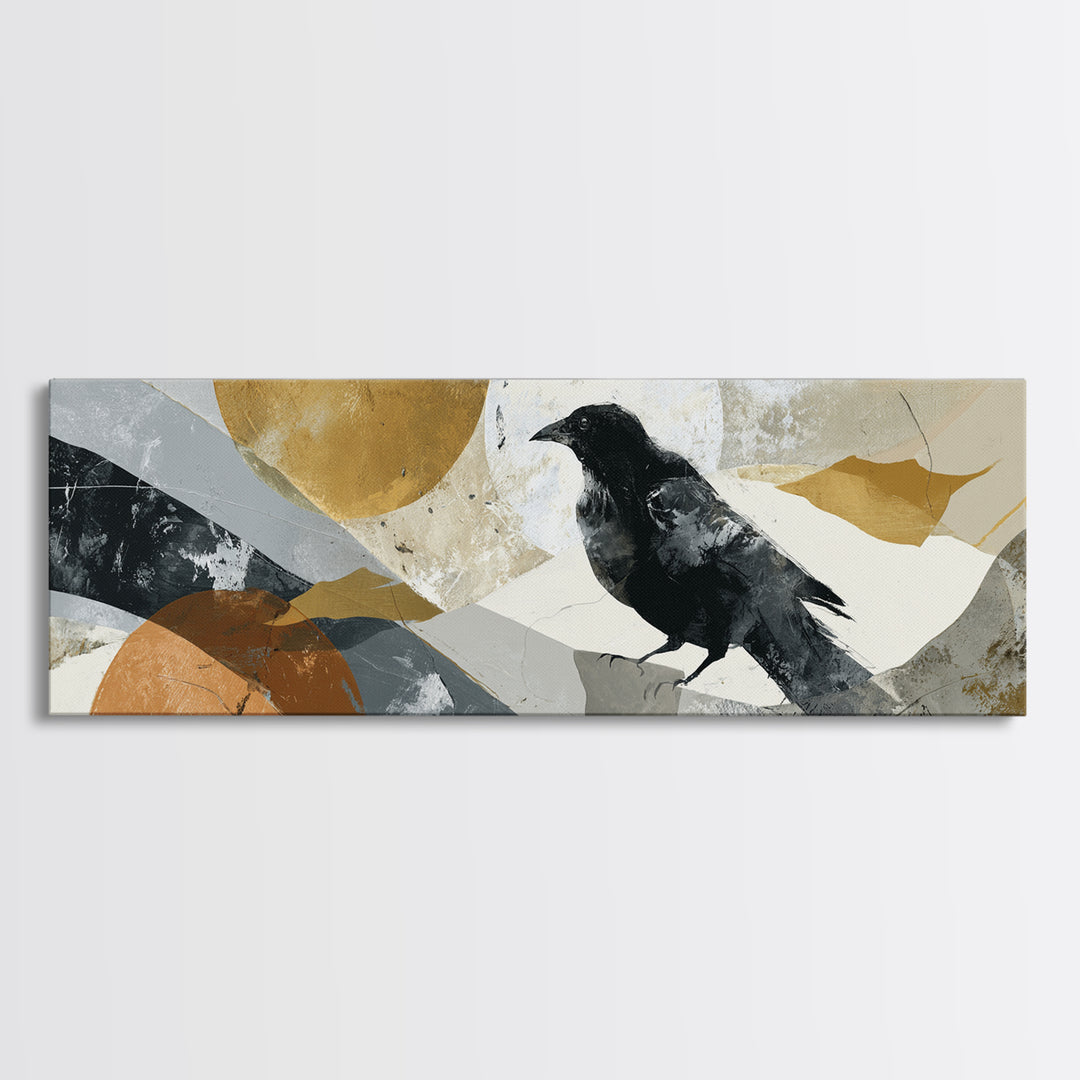Small Black Bird Crossing White Space Canvas Print, Minimalist Art, Art Prints, Living Room Decor, Oil Painting, Minimal, MIN-3x1-95