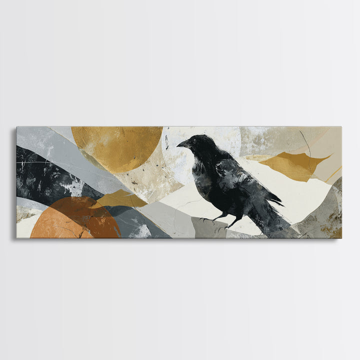 Small Black Bird Crossing White Space Canvas Print, Minimalist Art, Art Prints, Living Room Decor, Oil Painting, Minimal, MIN-3x1-95