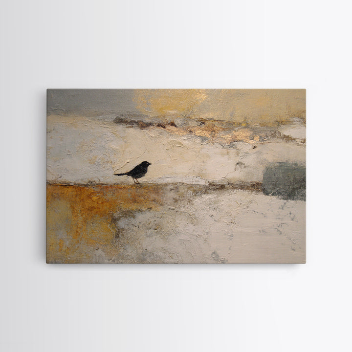 Small Black Bird Crossing White Space Framed Canvas Print, Minimalist Art, Room Decor, Living Room Decor, Fine Art, Minimal, MIN-3x2-35