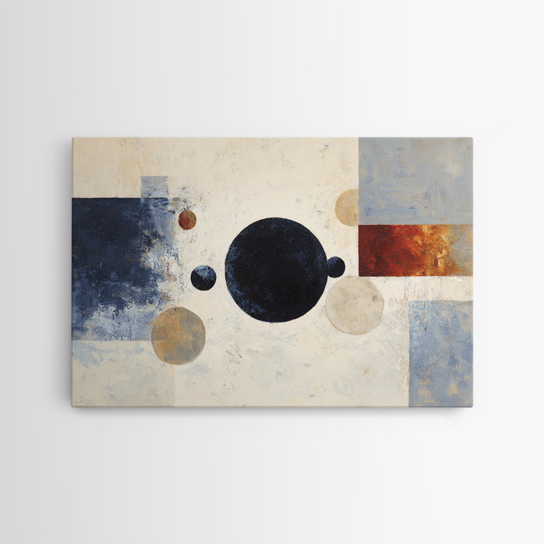 Single Black Circle on Warm Ivory Ground Framed Canvas Print, Minimalist Art, Abstract Painting, Living Room Decor, Minimal, MIN-3x2-5