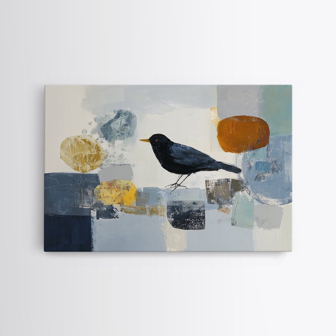 Small Black Bird Crossing White Space Canvas Print, Minimalist Art, Large Wall Art, Living Room Decor, Fine Art, Minimal, MIN-3x2-83
