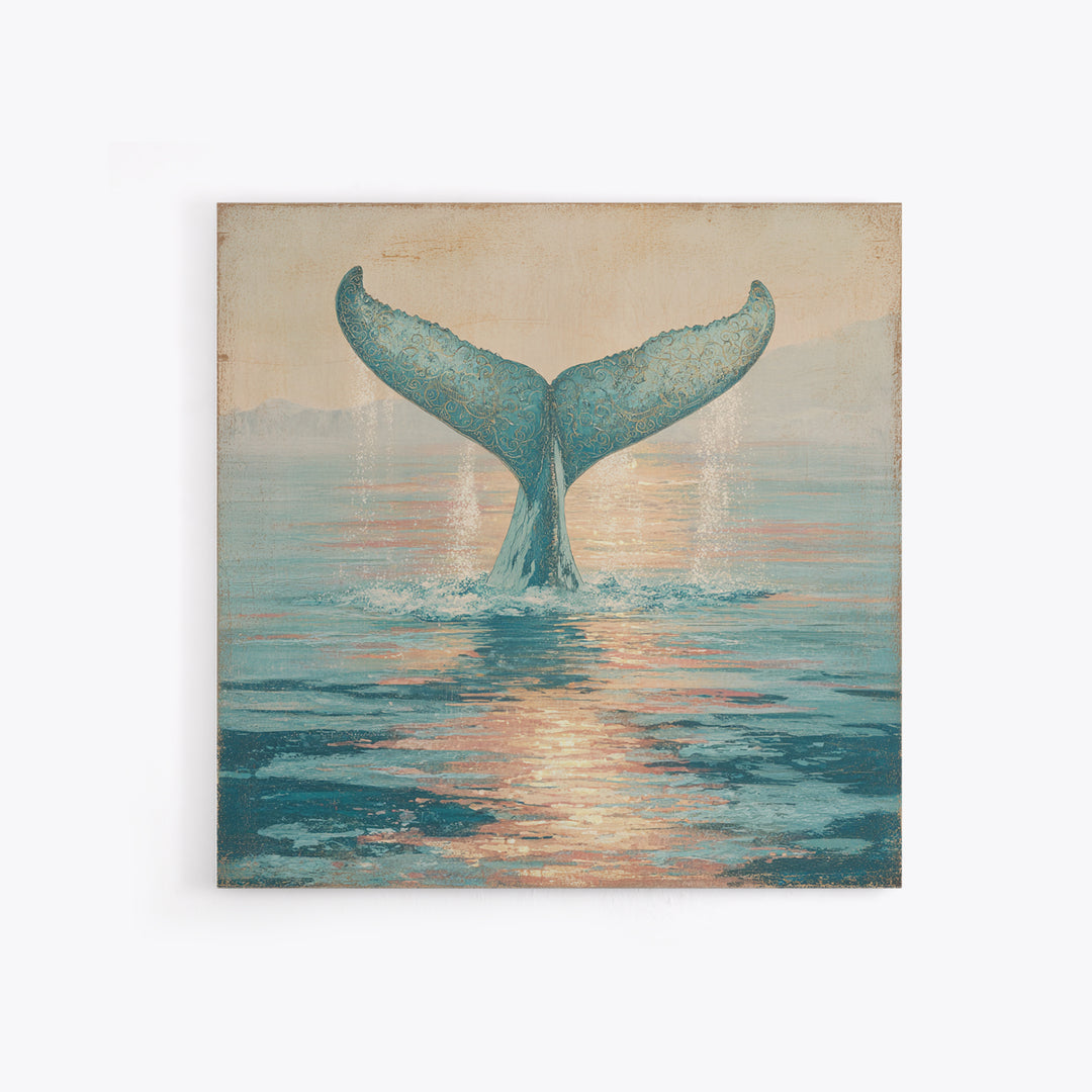 Whale Tail Rising from Misty Ocean Framed Canvas Print, Marine Life Art, Ocean Art, Living Room Decor, Oil Painting, Marine, MLA-1x1-2