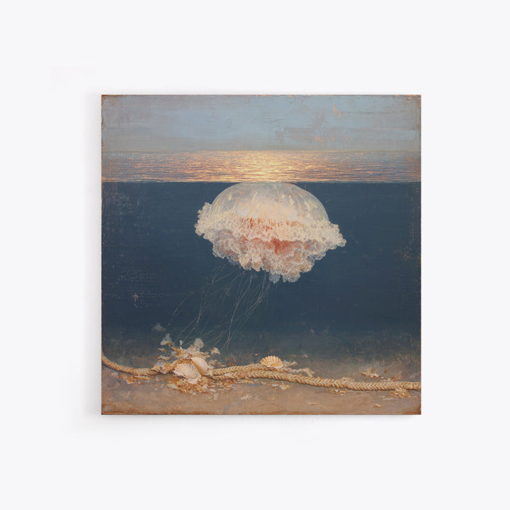 Jellyfish Floating in Luminous Dark Water Canvas Print, Marine Life Art, Fish Art, Living Room Decor, Oil Painting, Marine, MLA-1x1-30