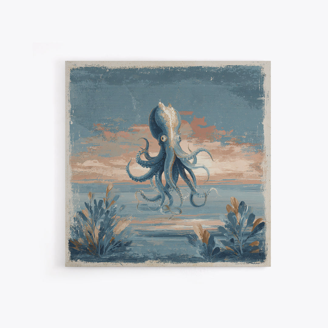 Squid in a Mysterious Midnight Sea Framed Canvas Print, Marine Life Art, Ocean Painting, Living Room Decor, Fine Art, Marine, MLA-1x1-67
