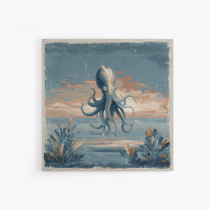 Squid in a Mysterious Midnight Sea Framed Canvas Print, Marine Life Art, Ocean Painting, Living Room Decor, Fine Art, Marine, MLA-1x1-67