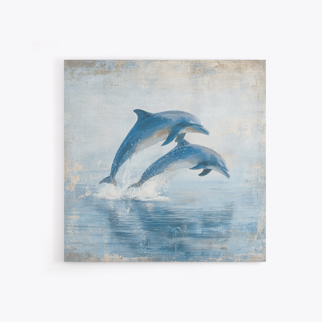Dolphins Leaping Through Sunlit Waves Framed Canvas Print, Marine Life Art, Coastal Art, Living Room Decor, Fine Art, Marine, MLA-1x1-7