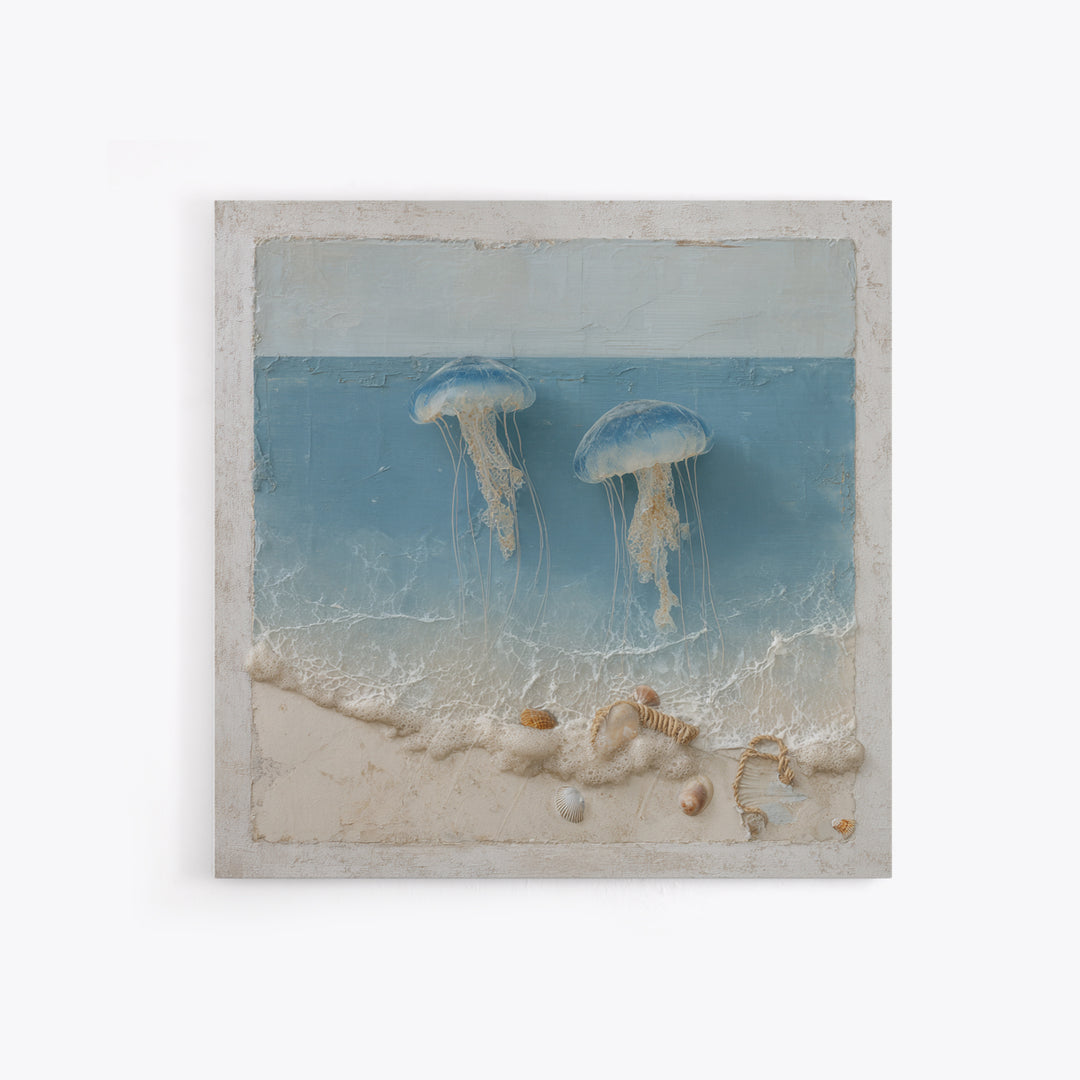 Jellyfish Floating in Luminous Dark Water Framed Canvas Print, Marine Life Art, Pastel Wall Art, Living Room Decor, Marine, MLA-1x1-78