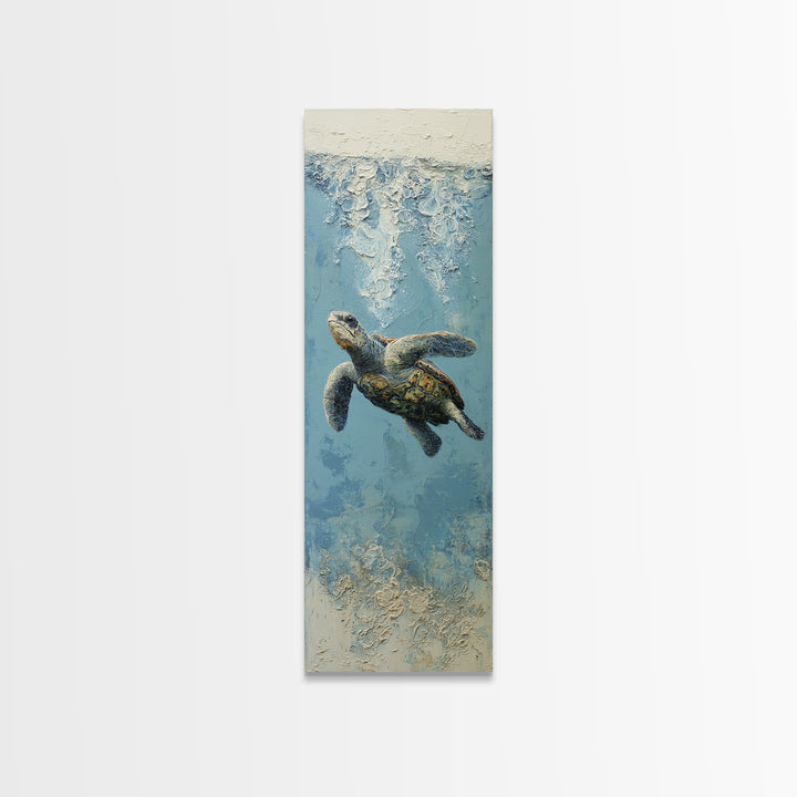 Bioluminescent Plankton Around Swimming Turtle Canvas Print, Marine Life Art, Fish Wall Art, Living Room Decor, Oil Painting, MLA-1x3-12