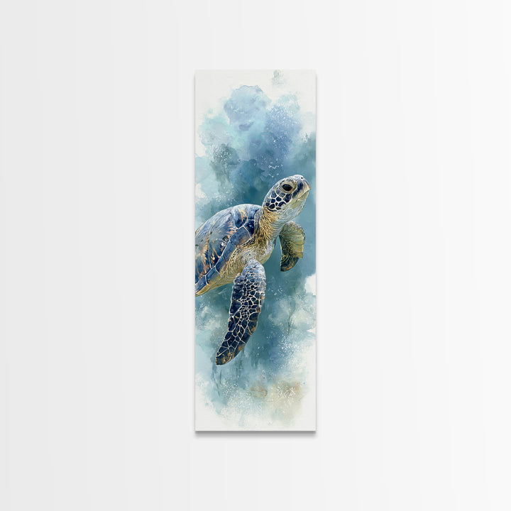Sea Turtle Gliding Through Clear Blue Water Framed Canvas Print, Marine Life Art, Ocean Painting, Living Room Decor, Marine, MLA-1x3-61