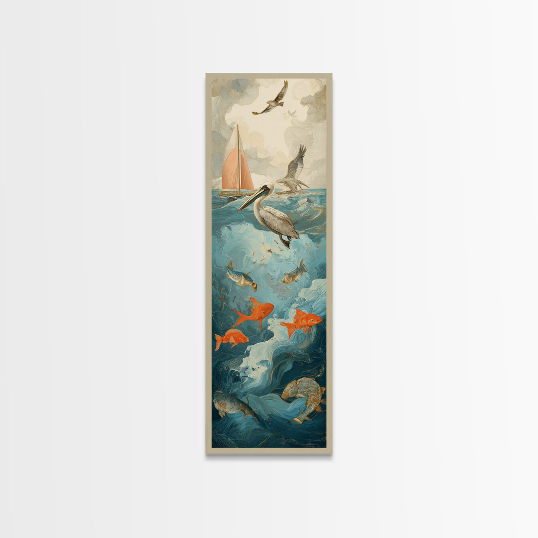 Pelican Diving Toward Fish Near Surface Framed Canvas Print, Marine Life Art, Textured Painting, Living Room Decor, Marine, MLA-1x3-83