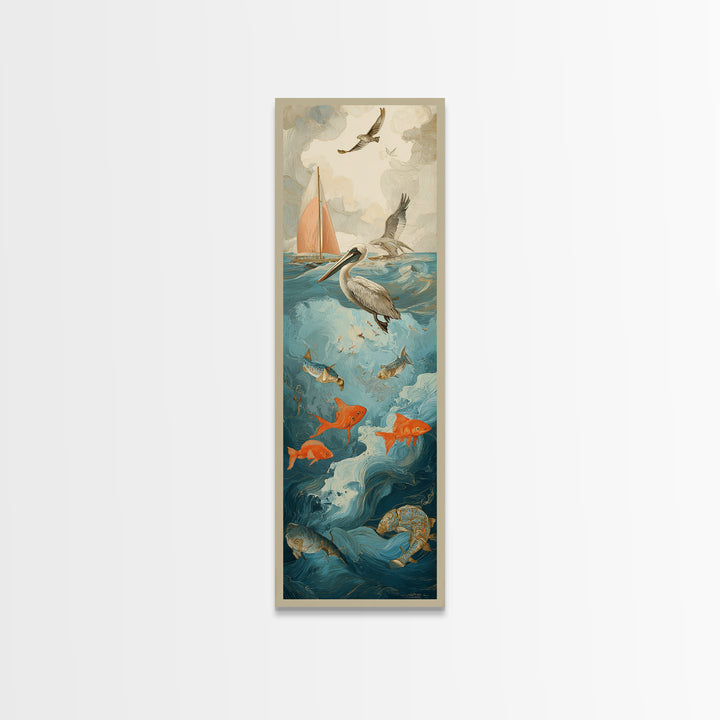 Pelican Diving Toward Fish Near Surface Framed Canvas Print, Marine Life Art, Textured Painting, Living Room Decor, Marine, MLA-1x3-83