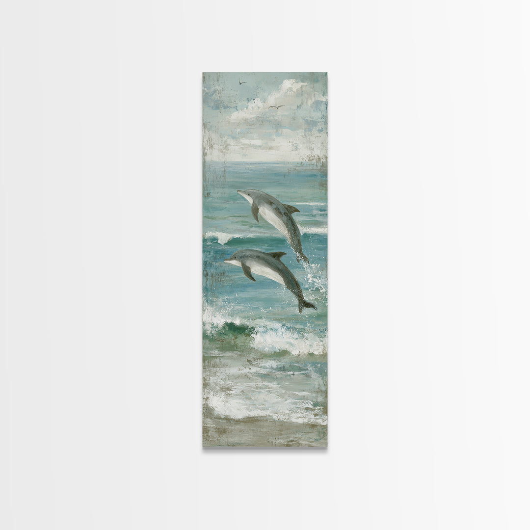 Dolphins Leaping Through Sunlit Waves Framed Canvas Print, Marine Life Art, Watercolor Art, Living Room Decor, Oil Painting, MLA-1x3-91