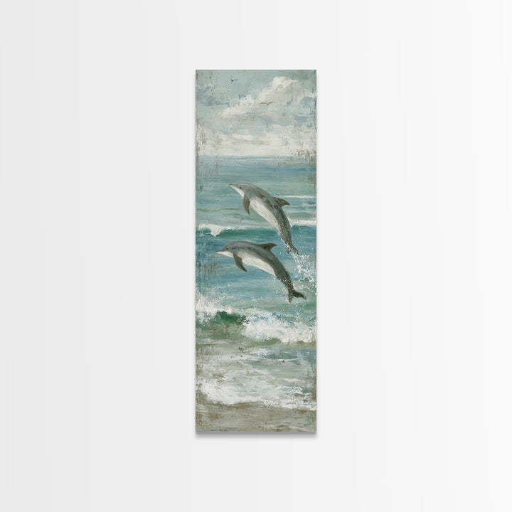 Dolphins Leaping Through Sunlit Waves Framed Canvas Print, Marine Life Art, Watercolor Art, Living Room Decor, Oil Painting, MLA-1x3-91