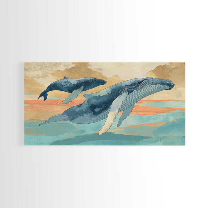 Humpback Whale and Calf Framed Canvas Print, Marine Life Art, Tropical Wall Art, Living Room Decor, Fine Art, Marine, MLA-2x1-14