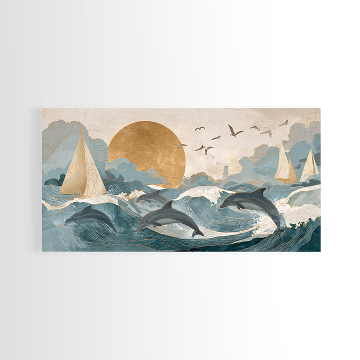 Dolphins Leaping Through Sunlit Waves Framed Canvas Print, Marine Life Art, Modern Art Print, Living Room Decor, Oil Painting, MLA-2x1-27