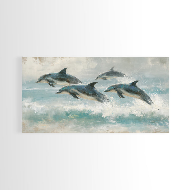 Dolphins Leaping Through Sunlit Waves Framed Canvas Print, Marine Life Art, Coastal Art, Living Room Decor, Fine Art, Marine, MLA-2x1-3
