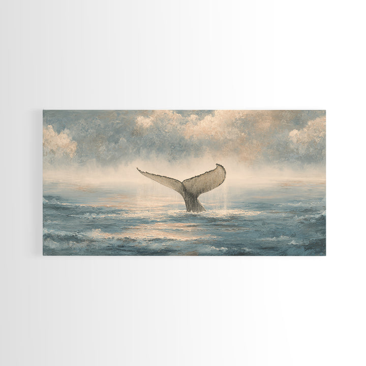 Whale Tail Rising from Misty Ocean Framed Canvas Print, Marine Life Art, Neutral Decor, Living Room Decor, Fine Art, Marine, MLA-2x1-46