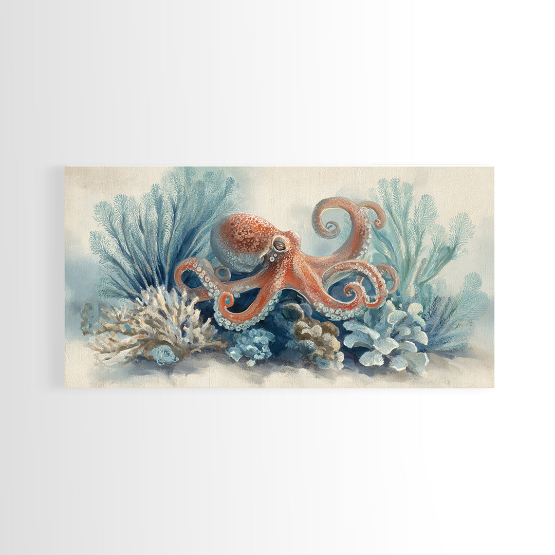Octopus Curling Around Coral Canvas Print, Marine Life Art, Beach Decor, Living Room Decor, Oil Painting, Marine, Ocean Decor, MLA-2x1-47