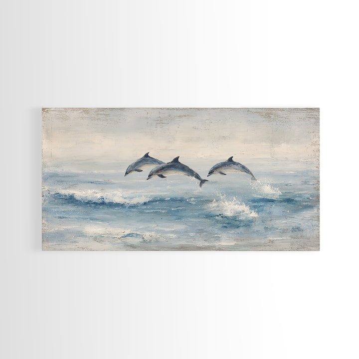 Dolphins Leaping Through Sunlit Waves Framed Canvas Print, Marine Life Art, Coastal Art, Living Room Decor, Watercolor Art, MLA-2x1-51