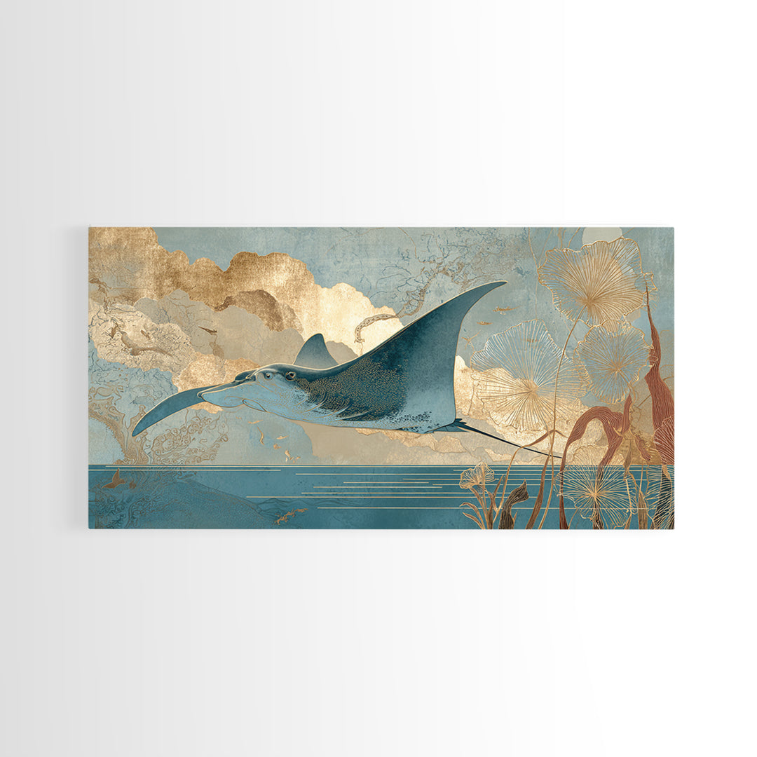 Manta Ray Flying Through Underwater Light Canvas Print, Marine Life Art, Statement Artwork, Living Room Decor, Fine Art, Marine, MLA-2x1-58