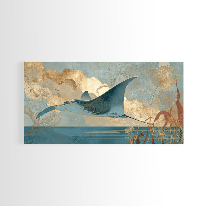 Manta Ray Flying Through Underwater Light Canvas Print, Marine Life Art, Statement Artwork, Living Room Decor, Fine Art, Marine, MLA-2x1-58