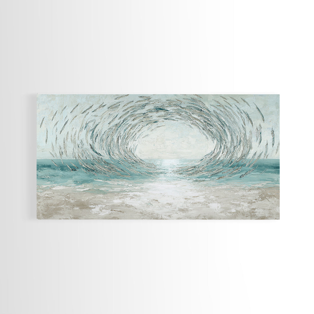 School of Fish Forming a Silver Spiral Framed Canvas Print, Marine Life Art, Coastal Art, Living Room Decor, Fine Art, Marine, MLA-2x1-72